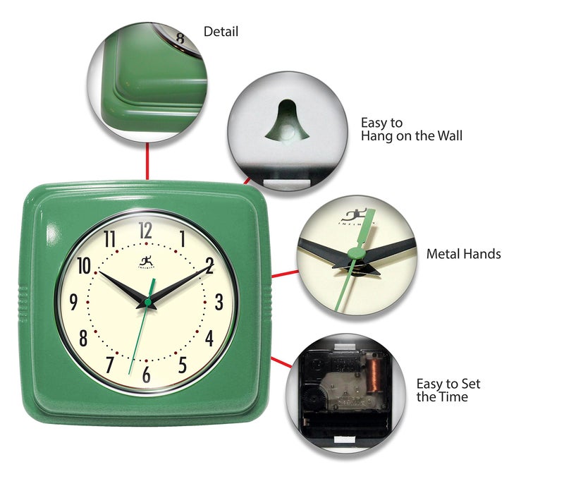 Infinity Instruments Square Silent Retro 9 inch Mid Century Modern Kitchen Diner Retro Wall Clock Quartz Sweep Movement (Green) - Image 5
